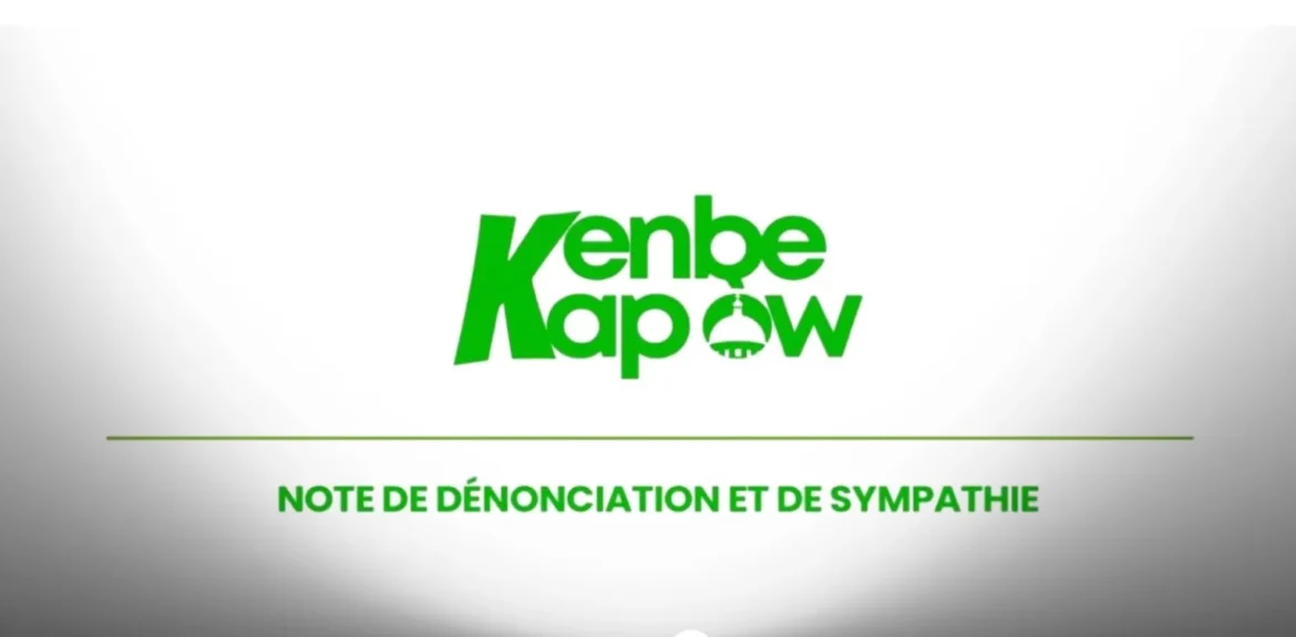 Logo of Kenbe Kapow featuring bold green text with the tagline "Note de dénonciation et de sympathie" and the Juno7 branding, conveying a message of awareness and support.