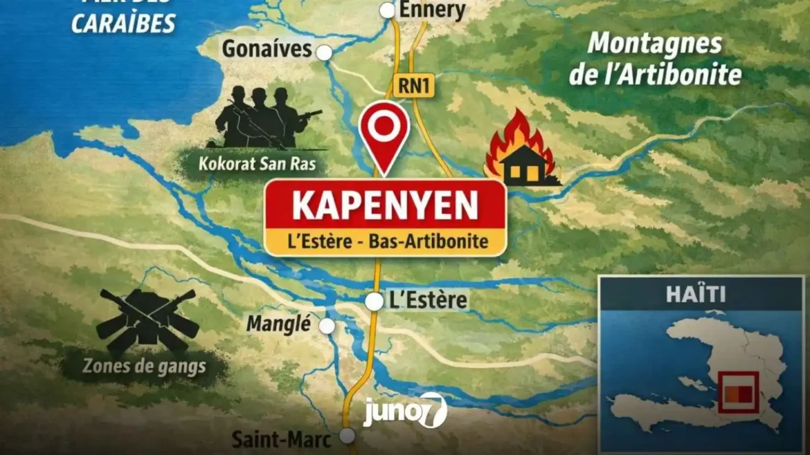 Map highlighting Kapenyen in L'Estère, Bas-Artibonite, Haiti, showing key locations including Gonaïves, Kokorat San Ras, and areas affected by gang violence and fires. The map provides geographical context with RN1 road and nearby mountains.