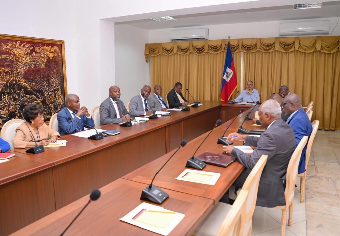 Meeting of government officials in Haiti, discussing policy matters around a conference table, with the Haitian flag visible in the background.